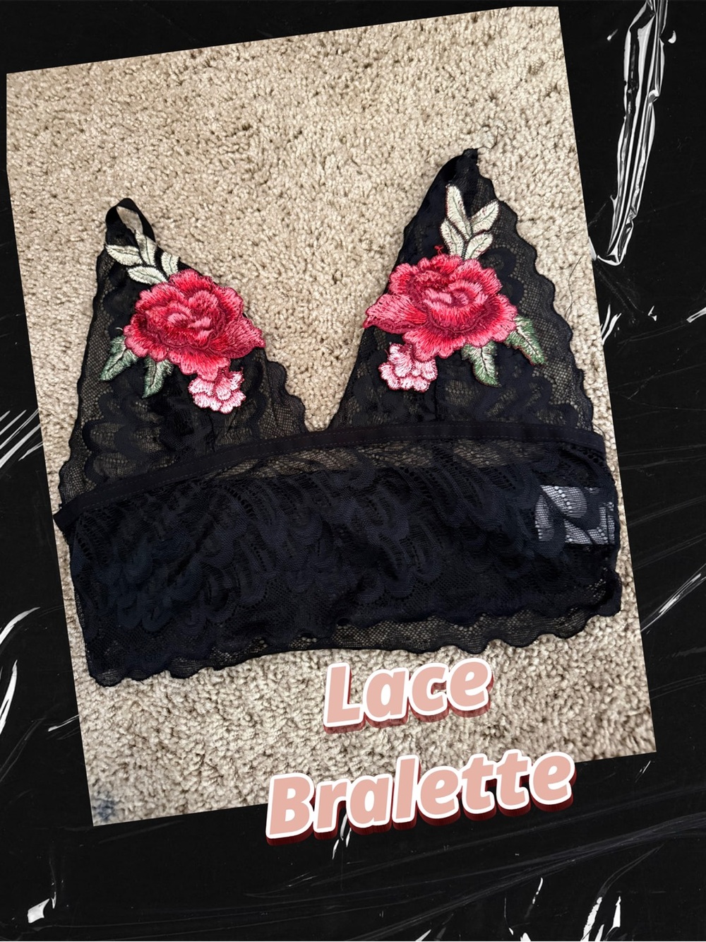 SHEIN Black Lace Bralette Rose Appliqué